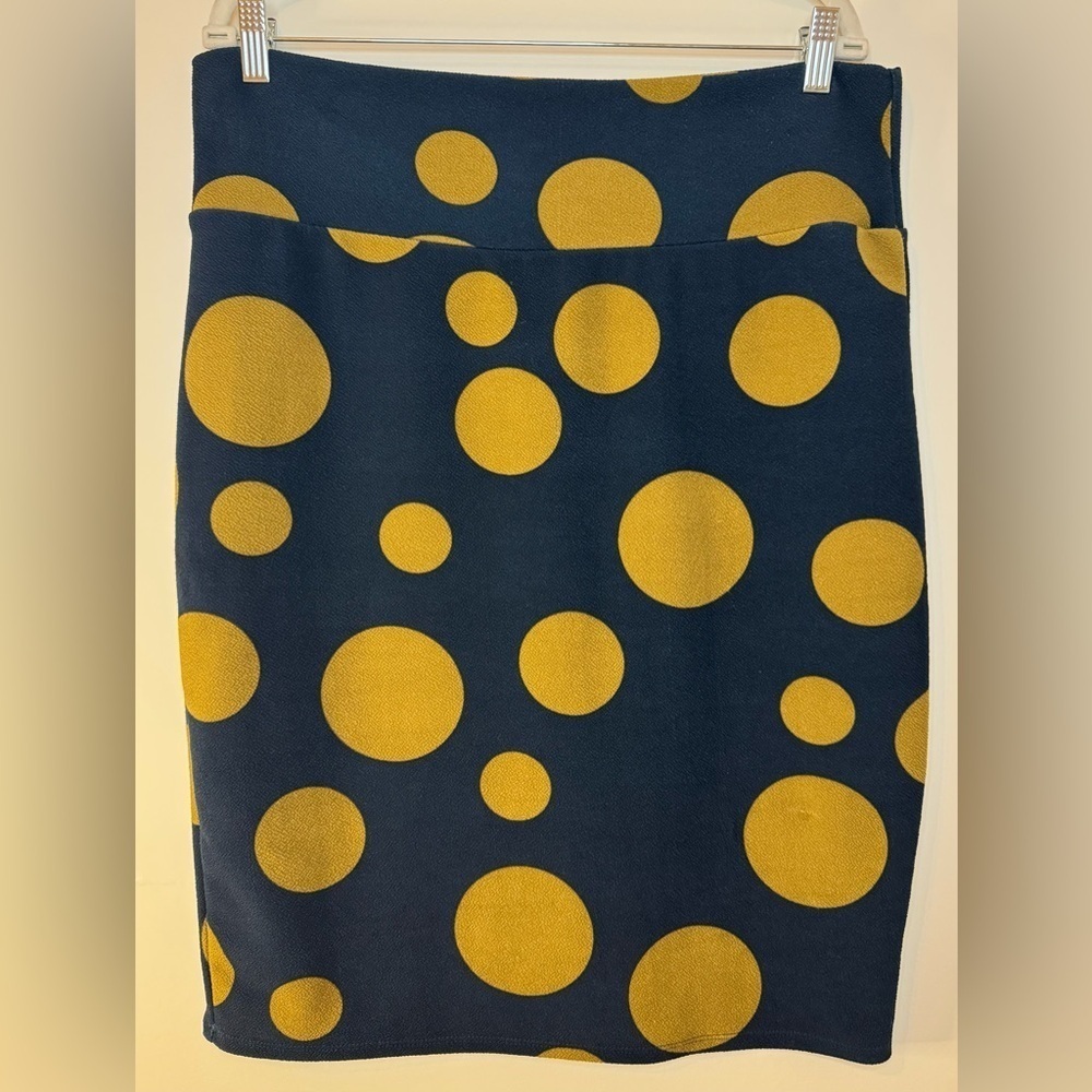 LuLaRoe Women’s Cassie Polka Dot Navy & Gold/Brown Pencil Skirt Size XL